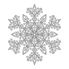 Vector doodle snowflake. Hand drawn winter mandala. Antistress coloring illustration.