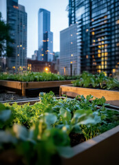 Fototapeta premium A wide-angle view of a lush community garden in an urban setting, featuring raised wooden planters filled with vibrant greens and flowers, with modern skyscrapers in the background at sunset.