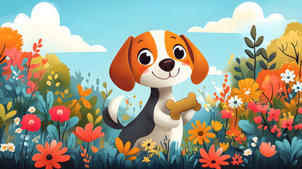 A playful cartoon-style illustration of a mischievous Beagle holding a bone, with exaggerated big eyes and floppy ears, surrounded by a colorful park scene filled with vibrant flowers and trees.