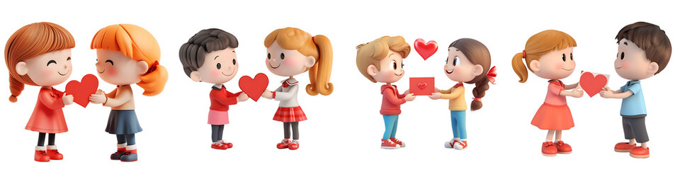 Set of Valentine's Day 3D kids crafting heart-shaped cards, isolated on a transparent background.