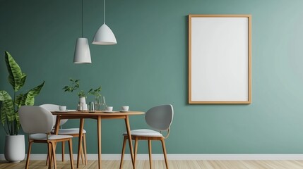 Modern dining area with green walls and minimalist decor featuring a wooden table and empty picture frame