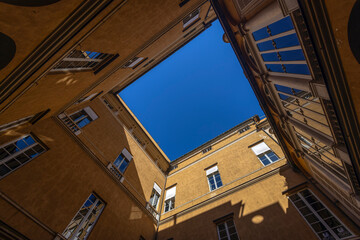 GENOA, ITALY, MAY 17, 2024 - Internal courtyard of the Lercari - Parodi palace in the historic...