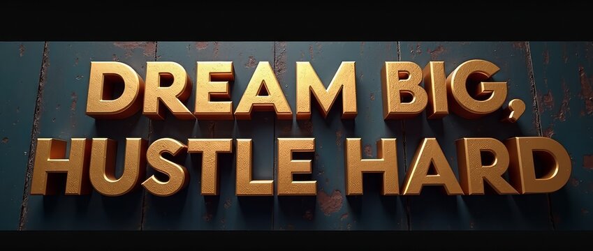 3D text with the inspirational quote "Dream big, hustle hard" on a rustic wooden background with space for copy.