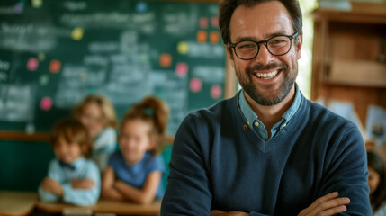 Fototapeta premium Teacher. Portrait of a happy handsome male teacher in the classroom