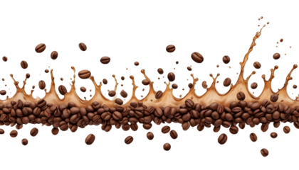 Set of delicious coffee beans in splashes of coffee   drinks, cut out