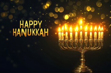 Happy Hanukkah Greeting with Glowing Candles and Festive Lights