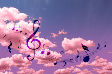 Musical symbols in beautiful sky with clouds, color toned