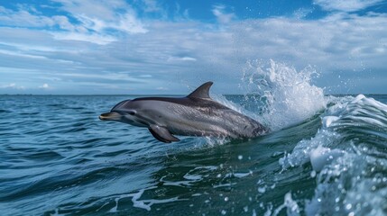 photograph of A realistic photo of an elegant dolphin leaping out the blue ocean waves, with detailed textures and vibrant colors, under a clear sky with clouds.