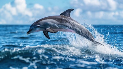 Obraz premium photograph of A realistic photo of an elegant dolphin leaping out the blue ocean waves, with detailed textures and vibrant colors, under a clear sky with clouds.