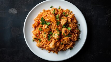 White plate with spicy rice and grilled chicken pieces garnished with fresh parsley on a dark textured surface.
