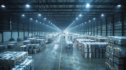 Fototapeta premium photograph of A wide-angle view of an empty warehouse with high ceilings and lighting, filled with 