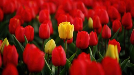 Fototapeta premium photograph of A yellow tulip stands out among red ones, against a background of tulips.