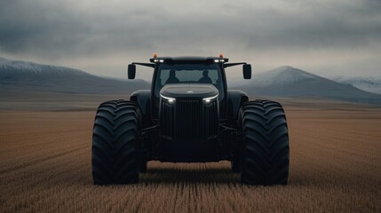 Fototapeta premium Powerful tractor on farmland with dramatic mountain background