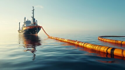 Offshore vessel deploys floating barrier boom to contain oil slick during drill, calm sea and clear sky create stark contrast to environmental threat scenario. 