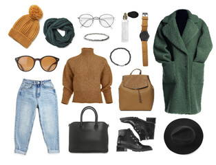 Stylish winter or fall outfit. Women's clothes and accessories, collection on white background. Fashion trend board