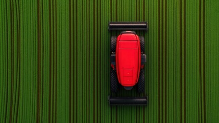 Modern red tractor harvesting green field from above