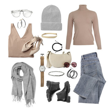 Stylish women's clothes and accessories for winter or fall outfit on white background. Collection with grey and beige colors. Fashion trend board