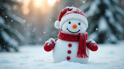 Obraz premium Snowman smiling standing on snow near fir trees. Cute New Year, Christmas character smiling in red mittens, scarf and hat.,