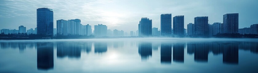 Fototapeta premium A tranquil city skyline reflected in calm waters, enveloped in a blue haze, capturing the serene beauty of urban landscapes at dawn.
