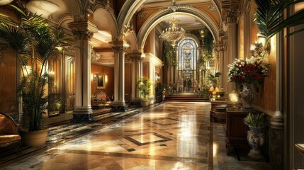 Obraz premium Opulent and Ornate Interior of a Lavish Palace or Hotel Lobby