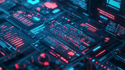 Fototapeta premium Isometric Programming Concept illustrating the digital landscape of computer technology, web design, and coding interfaces in 3D