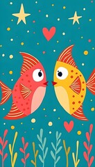 Fototapeta premium Red Yellow Fish Kissing Valentines Day Romantic Art