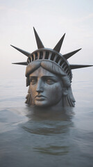 Decaying Statue of Liberty partially submerged in the ocean, with only the head and crown visible above the water. The statue's face shows signs of rust and erosion, symbolizing abandonment