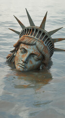 Decaying Statue of Liberty partially submerged in the ocean, with only the head and crown visible above the water. The statue's face shows signs of rust and erosion, symbolizing abandonment