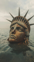 Decaying Statue of Liberty partially submerged in the ocean, with only the head and crown visible above the water. The statue's face shows signs of rust and erosion, symbolizing abandonment