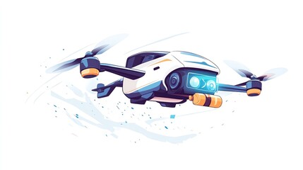 Fototapeta premium a 2D cartoon illustration of a smart drone delivering a package, high-tech and fast, white background--ar 16:9