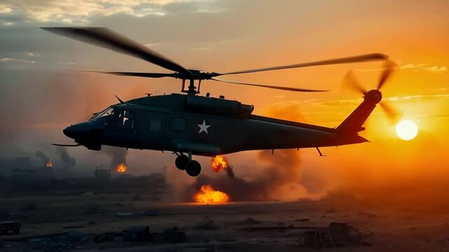 An military helicopter flying over explosions in a war zone