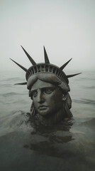 Decaying Statue of Liberty partially submerged in the ocean, with only the head and crown visible above the water. The statue's face shows signs of rust and erosion, symbolizing abandonment