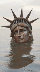 Decaying Statue of Liberty partially submerged in the ocean, with only the head and crown visible above the water. The statue's face shows signs of rust and erosion, symbolizing abandonment