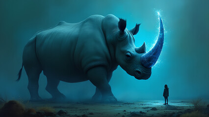 Obraz premium A surreal and captivating painting depicting a massive slumbering rhinoceros with a glowing blue crystal horn