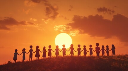 Fototapeta premium Backlit by the setting sun, a diverse group of kids stands on a hill, holding hands and praying, embodying faith and resilience