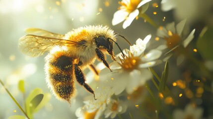 Bee, white flower. Generative AI