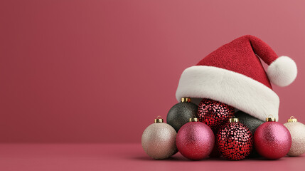 Santa hat, glittery and festive Christmas baubles, colorful background, 3D illustration