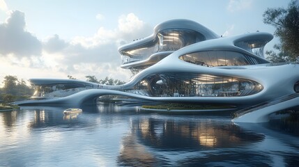 Obraz premium Futuristic building by water, reflecting sunlight.