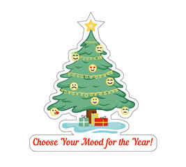 A festive Christmas tree decorated with emoji ornaments representing various emotions, accompanied by gifts underneath. The slogan invites you to choose your mood for the year.