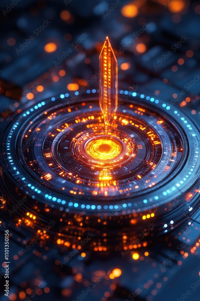 Poster Futuristic digital interface displaying glowing elements and a central pointer structure