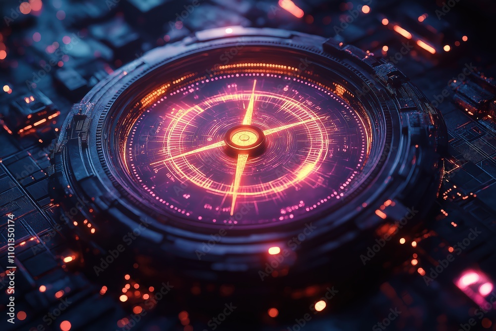 Poster futuristic interface display showcasing intricate patterns and glowing elements at night