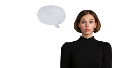 Woman with speech bubble expressing thoughts, ideas, or having a conversation. communication and dialogue concept.