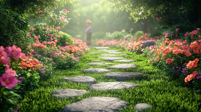 A Serene Garden Path:  A solitary figure walks through a vibrant, sun-drenched garden, the path leading to a mystical destination. The soft light filters through the lush foliage.