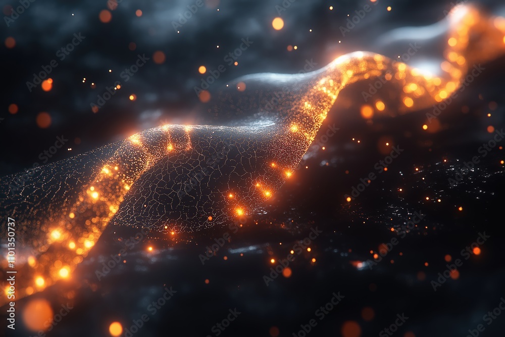 Poster dynamic wave of glowing particles flows through a dark background