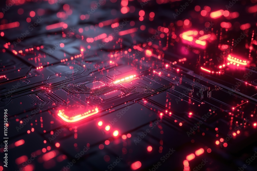 Poster exploring the visual intricacies of digital circuitry with luminous red elements
