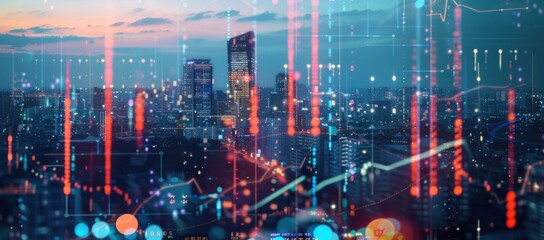 A dynamic image of a cityscape at dusk with an overlay of financial data and stock market trends, The city lights blend with digital graphs and numbers