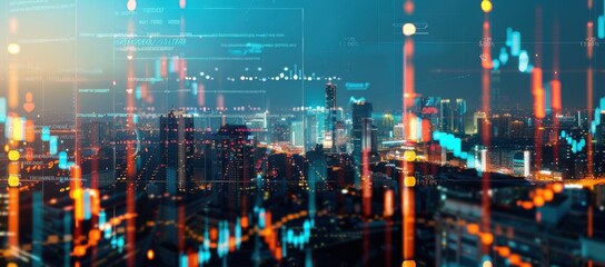 A dynamic image of a cityscape at dusk with an overlay of financial data and stock market trends, The city lights blend with digital graphs and numbers