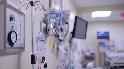 Medical Equipment and IV Stand in Hospital Room Interior Setting