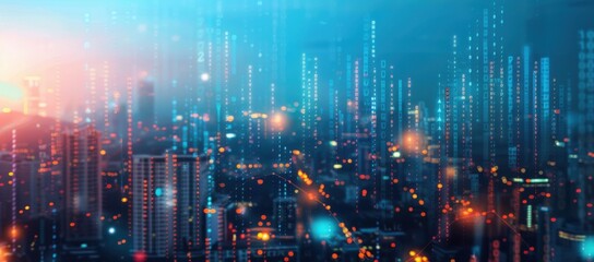 A dynamic image of a cityscape at dusk with an overlay of financial data and stock market trends, The city lights blend with digital graphs and numbers
