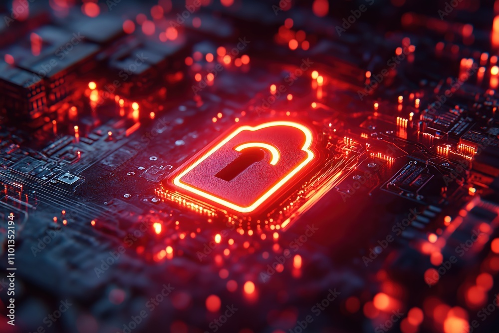 Poster digital padlock symbol illuminated in red on a circuit board with glowing data elements